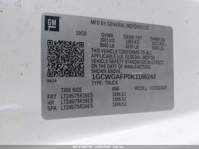 1GCWGAFP0K1166242 Chevrolet Express 2500 Work Van
