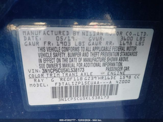 3N1CP5CU5KL538173 Nissan KICKS SV
