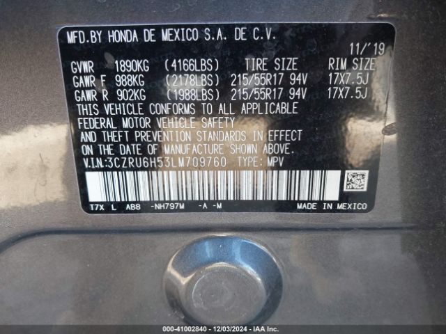 3CZRU6H53LM709760 Honda Hr-v Awd Ex