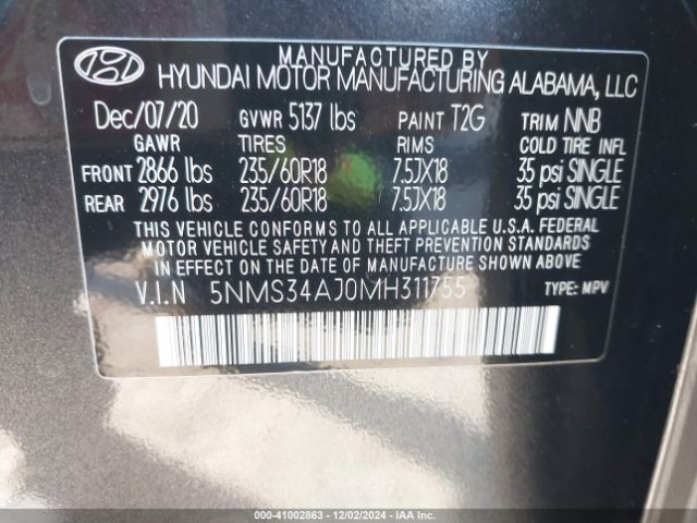 5NMS34AJ0MH311755 Hyundai Santa Fe Sel