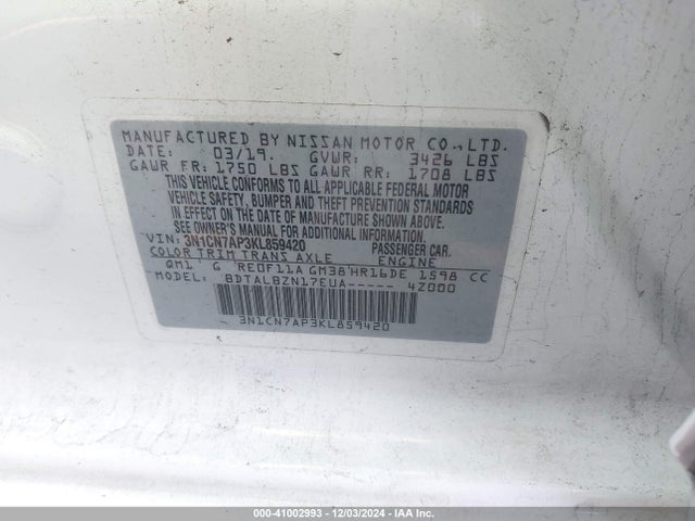 Nissan Versa 1.6 Sv 2019 3N1CN7AP3KL859420 Image 9