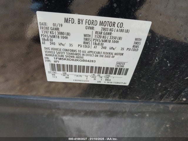 Ford EXPLORER XLT 2019 1FM5K8D82KGB04283 Image 9