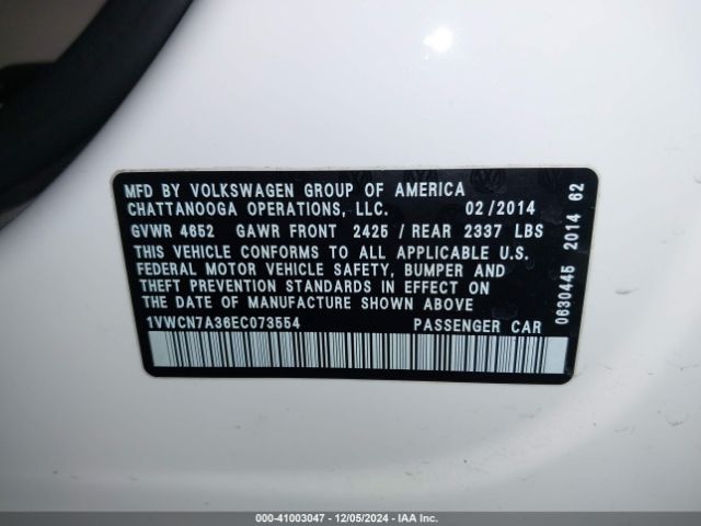 1VWCN7A36EC073554 Volkswagen Passat 2.0l Tdi Sel Premium