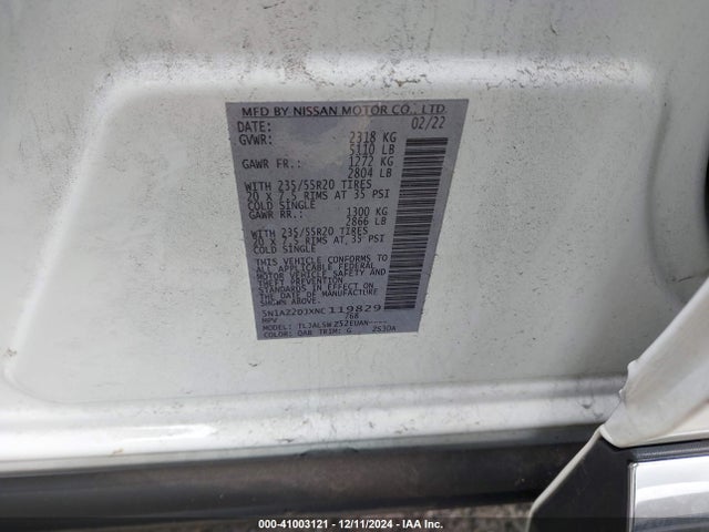 5N1AZ2DJXNC119829 Nissan Murano Platinum Fwd