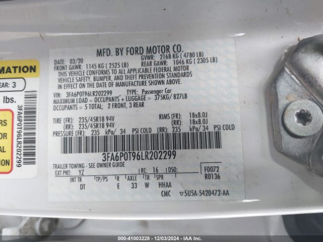 3FA6P0T96LR202299 Ford FUSION SE