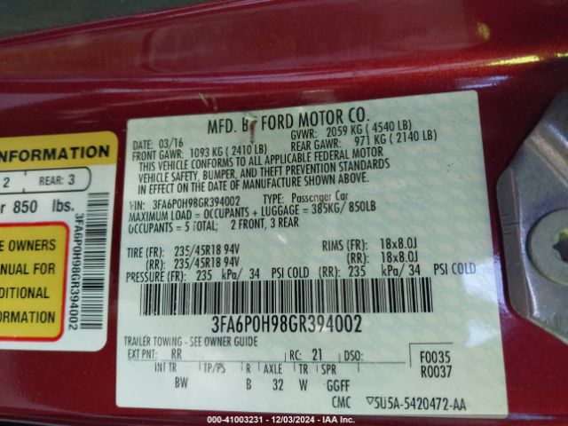 3FA6P0H98GR394002 Ford FUSION SE