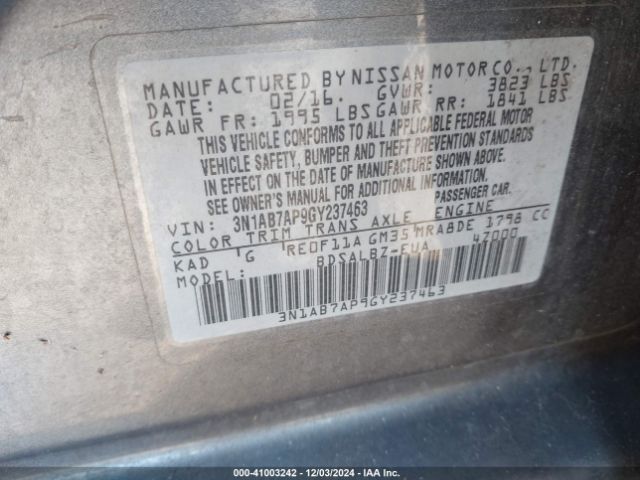 3N1AB7AP9GY237463 Nissan Sentra Fe+ S/s/sl/sr/sv
