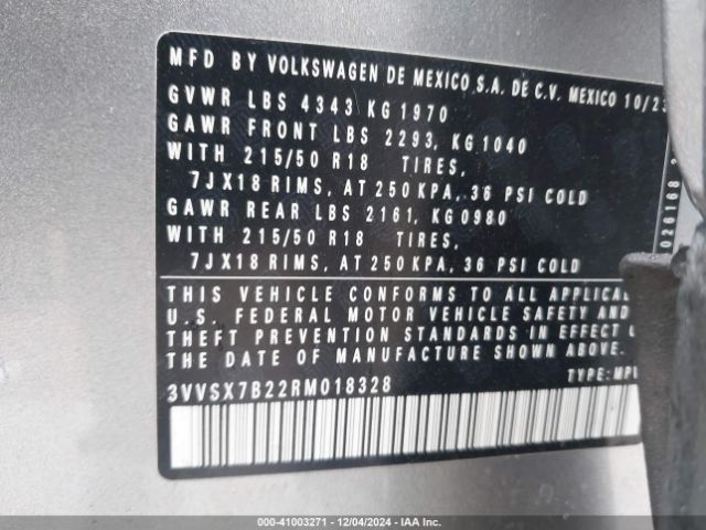 3VVSX7B22RM018328 Volkswagen Taos 1.5t Se