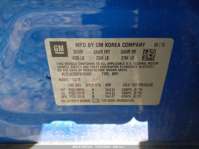 KL7CJKSB5FB195883 Chevrolet Trax 1ls