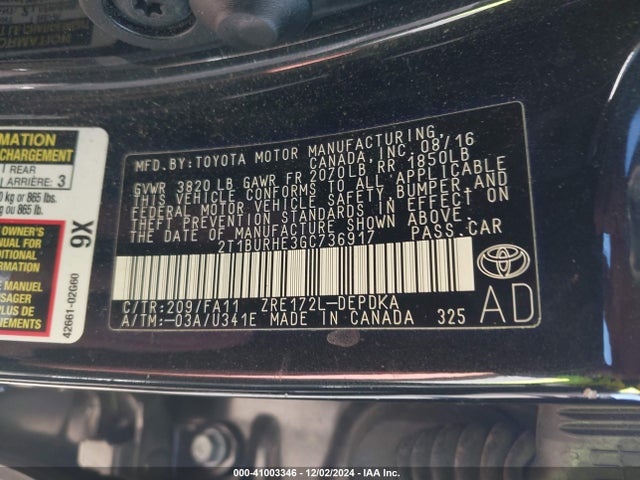 2T1BURHE3GC736917 Toyota COROLLA L