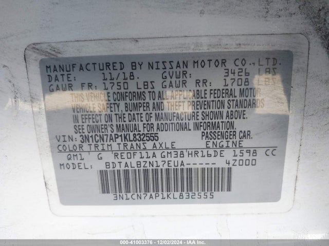 Nissan Versa 1.6 Sv 2019 3N1CN7AP1KL832555 Image 9