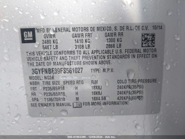 3GYFNBE39FS561027 Cadillac Srx Luxury Collection