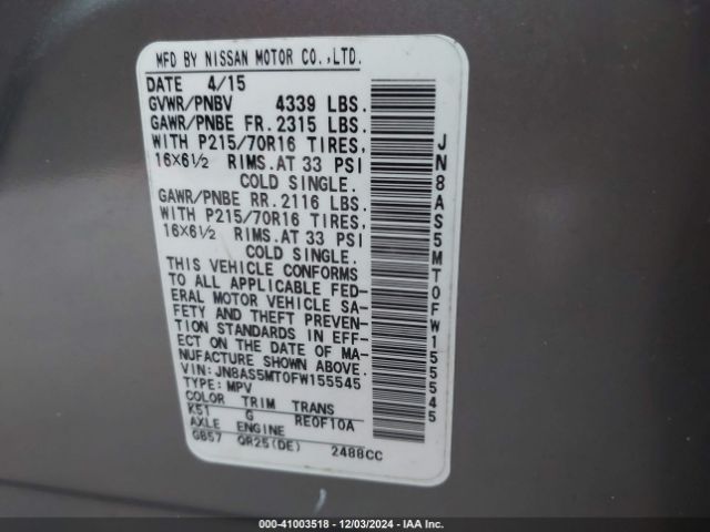 JN8AS5MT0FW155545 Nissan Rogue Select S