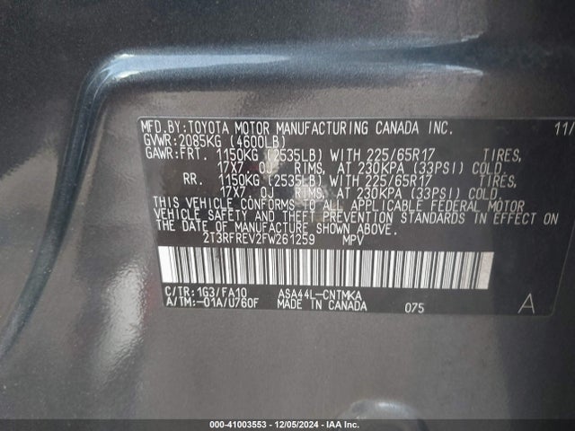 2T3RFREV2FW261259 Toyota Rav4 Xle