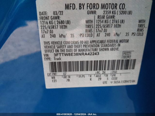 3FTTW8E38NRA42243 Ford Maverick Xlt