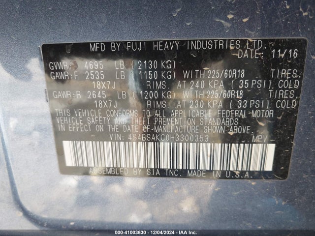 4S4BSAKC0H3300353 Subaru Outback 2.5i Limited