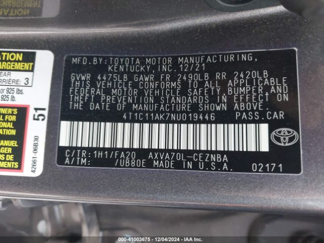 4T1C11AK7NU019446 Toyota CAMRY LE