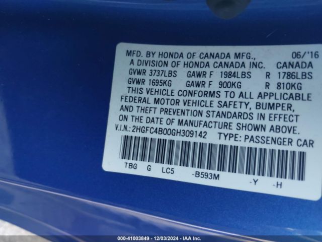 2HGFC4B00GH309142 Honda Civic Lx-p