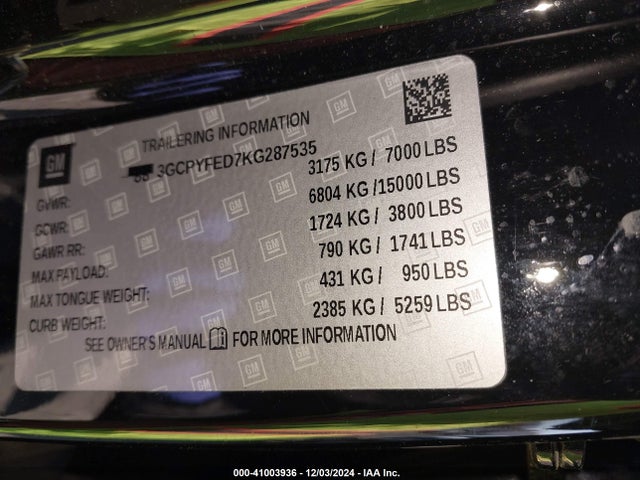 3GCPYFED7KG287535 Chevrolet Silverado 1500 Lt Trail Boss