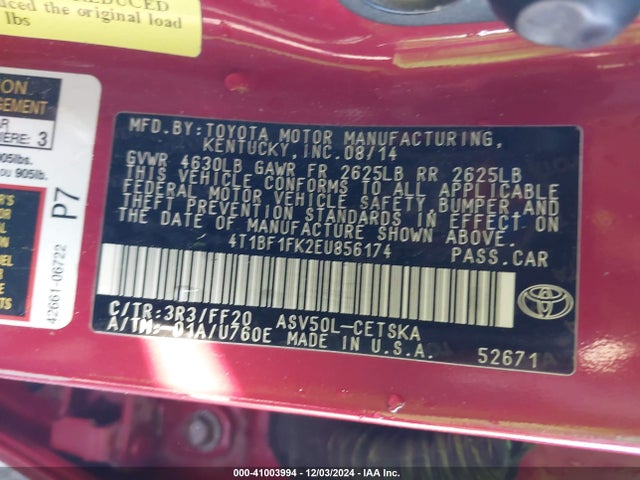 4T1BF1FK2EU856174 Toyota CAMRY SE