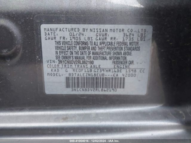 3N1CN8DV2RL862190 Nissan Versa 1.6 S