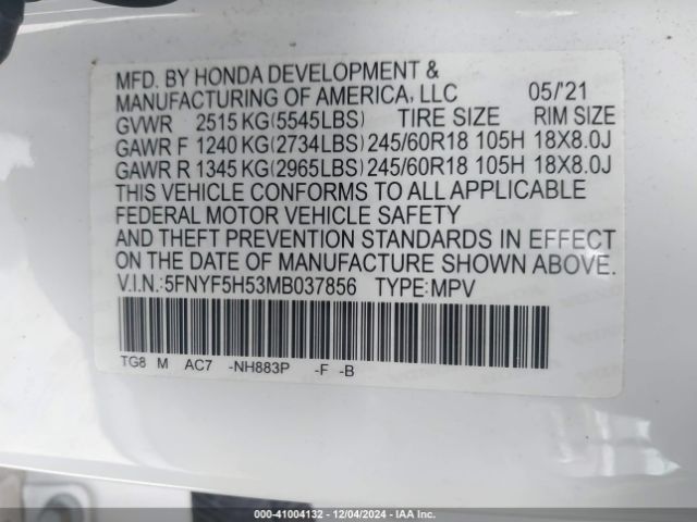 5FNYF5H53MB037856 Honda Pilot 2wd Ex-l