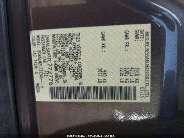 Nissan Altima 2.5 Sv 2015 1N4AL3AP7FC272776 Image 9