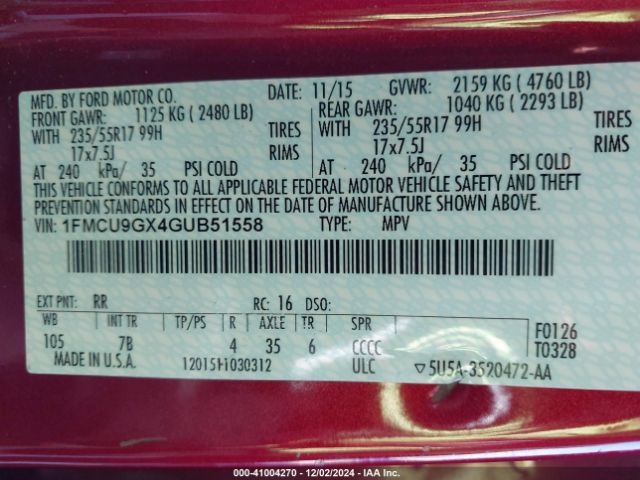 1FMCU9GX4GUB51558 Ford ESCAPE SE