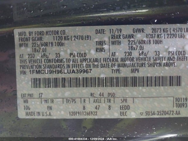 Ford ESCAPE SEL 2020 1FMCU9H96LUA39967 Image 9