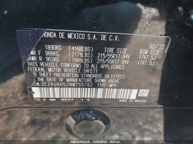 3CZRU6H52NM755762 Honda Hr-v Awd Ex