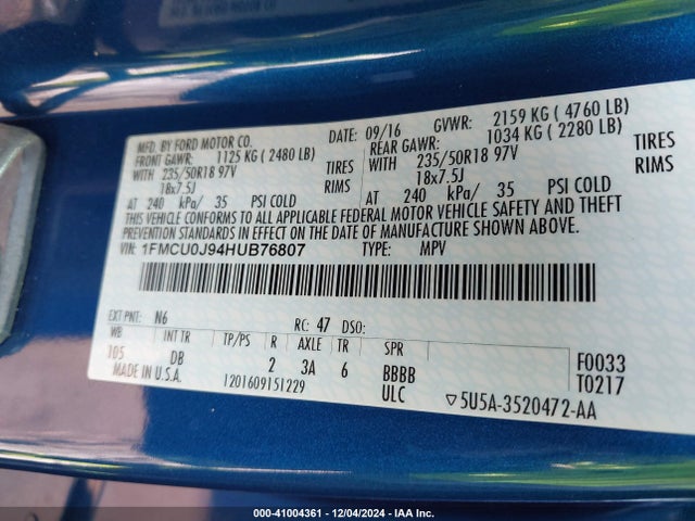 Ford Escape Titanium 2017 1FMCU0J94HUB76807 Image 9