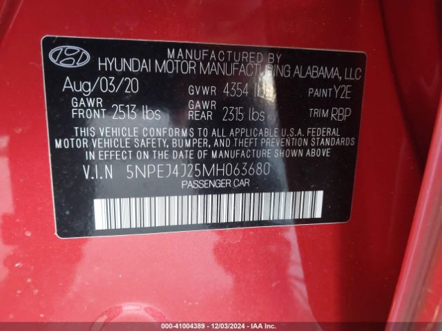 5NPEJ4J25MH063680 Hyundai Sonata Sel Plus