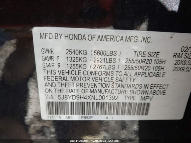 5J8YD9H4XNL001392 Acura Mdx Technology Package