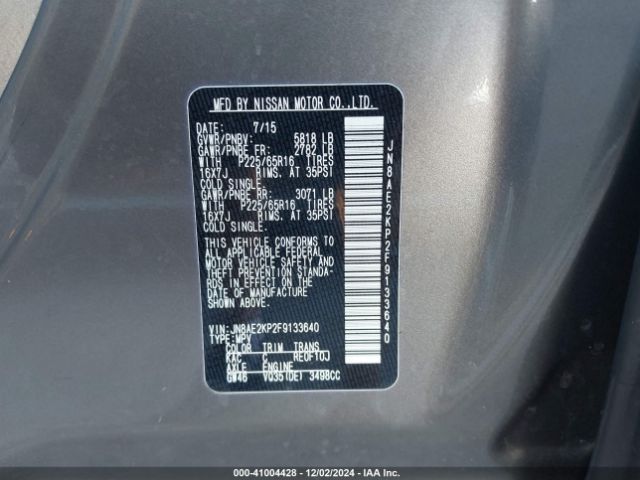 JN8AE2KP2F9133640 Nissan Quest Platinum/s/sl/sv