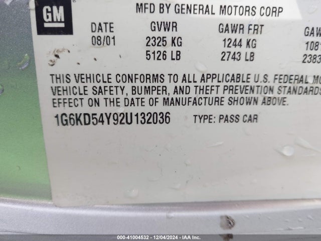 2002 CADILLAC DEVILLE 1G6KD54Y92U132036 Photo 8