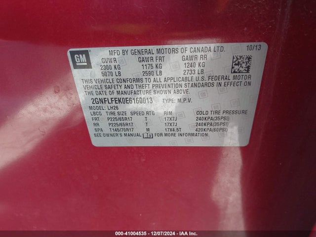 Chevrolet EQUINOX 1LT 2014 2GNFLFEK0E6160013 Image 9