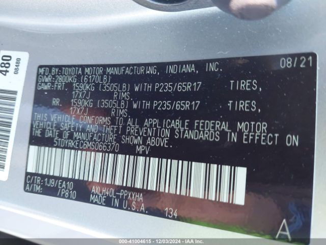 5TDYRKEC6MS066370 Toyota SIENNA XLE