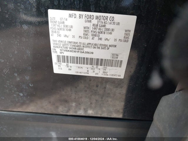 Ford EXPLORER XLT 2015 1FM5K8D81FGA35639 Image 9