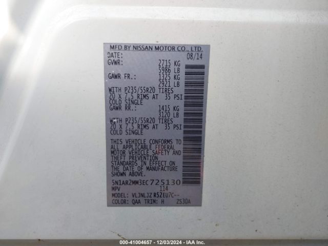 5N1AR2MM3EC725130 Nissan Pathfinder Platinum