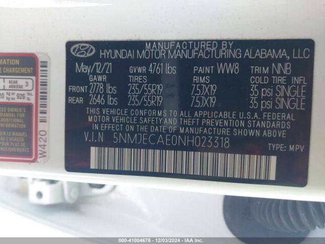 5NMJECAE0NH023318 Hyundai Tucson Limited