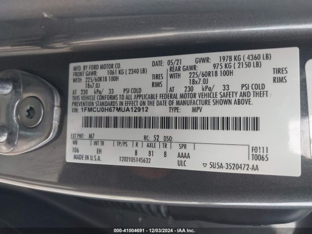 1FMCU0H67MUA12912 Ford ESCAPE SEL