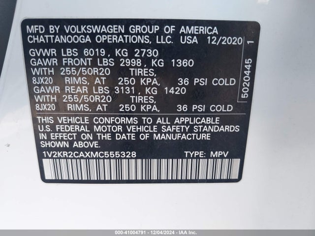 1V2KR2CAXMC555328 Volkswagen Atlas 3.6l V6 Se W/technology