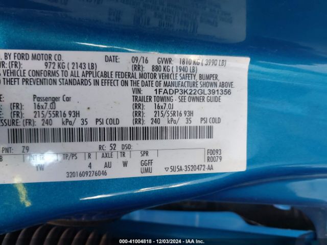 1FADP3K22GL391356 Ford FOCUS SE