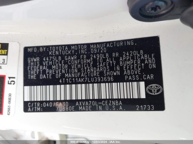 4T1C11AK7LU393696 Toyota CAMRY LE