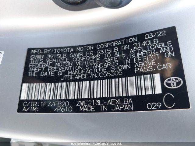 JTDEAMDE7NJ055305 Toyota Corolla Hybrid Le