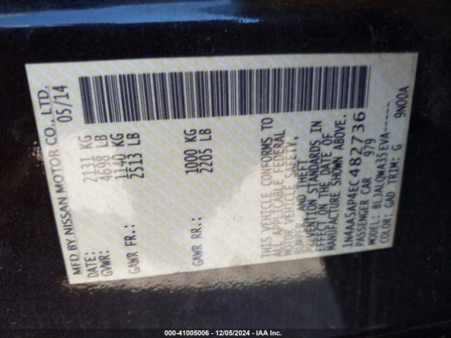 1N4AA5AP4EC482736 Nissan Maxima 3.5 S/3.5 Sv
