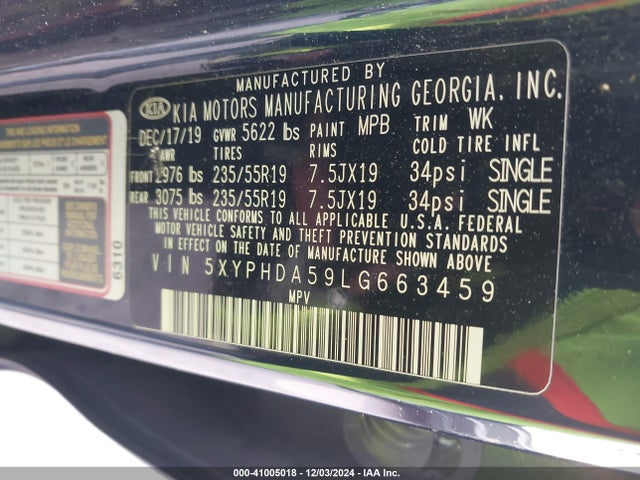 5XYPHDA59LG663459 KIA Sorento 3.3l Ex