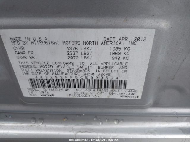2012 MITSUBISHI GALANT 4A32B2FF5CE020534 Photo 8