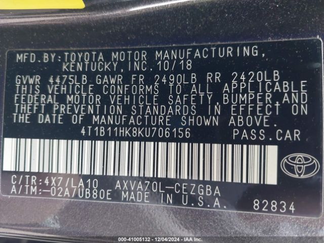 4T1B11HK8KU706156 Toyota CAMRY XLE