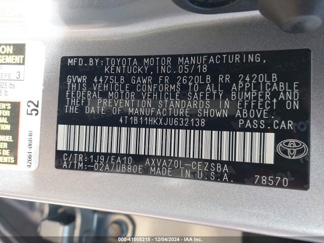 Toyota CAMRY SE 2018 4T1B11HKXJU632138 Image 9